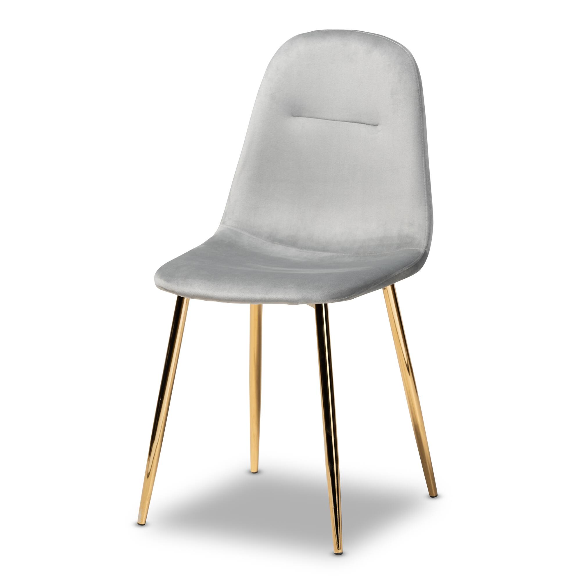 Angle. Baxton Studio - Elyse Glam and Luxe Velvet Fabric Upholstered Gold Finished 4-Piece Metal Dining Chair Set - Grey/Gold.