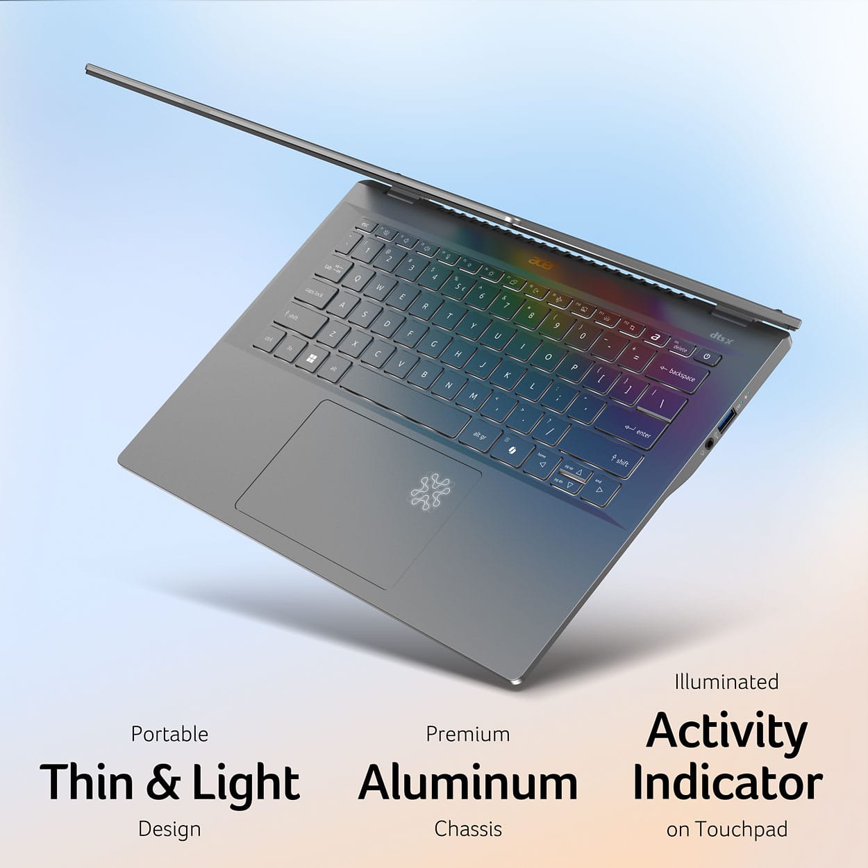 The text on the image is grouped and corrected as follows:
* Portable
* Premium
* Activity
* Thin & Light
* Aluminum
* Indicator
* Design
* Chassis on Touchpad