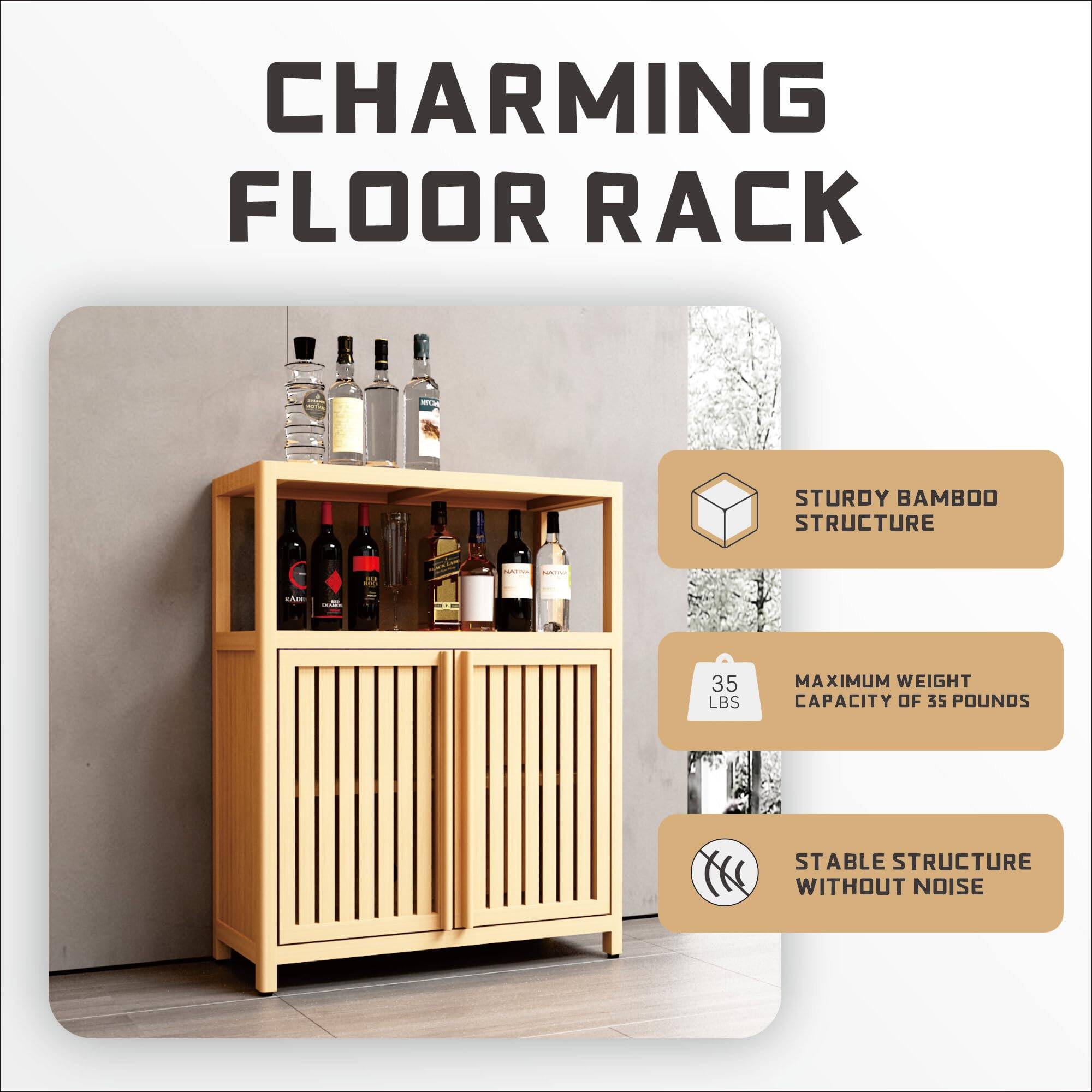 CHARMING FLOOR RACK

- STURDY BAMBOO STRUCTURE
- MAXIMUM WEIGHT CAPACITY OF 35 POUNDS
- STABLE STRUCTURE WITHOUT NOISE