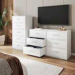 GOODSILO - Modern 5-Drawer Fabric Dresser with Wooden Top for Bedroom, Living Room, or Office Storage - White