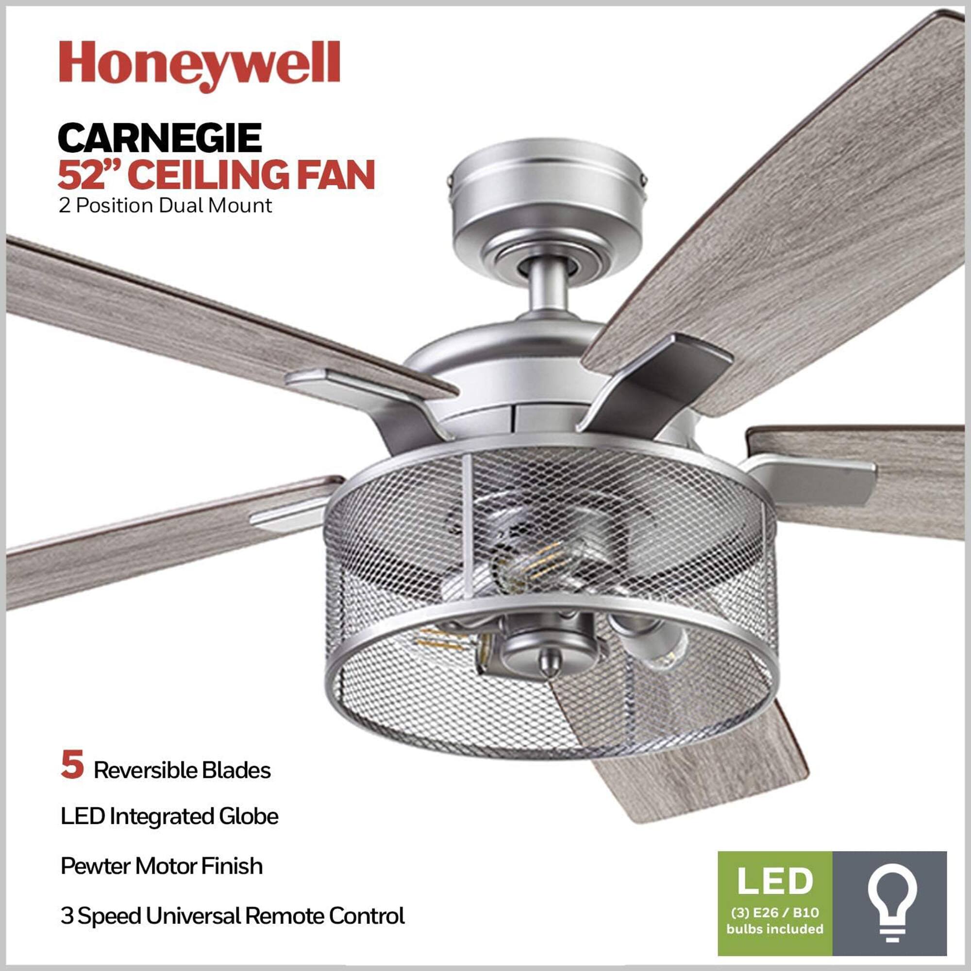 Honeywell CARNEGIE 52" CEILING FAN 2 Position Dual Mount 5 Reversible Blades LED Integrated Globe Pewter Motor Finish 3 Speed Universal Remote Control LED (3) E26 / B10 bulbs included