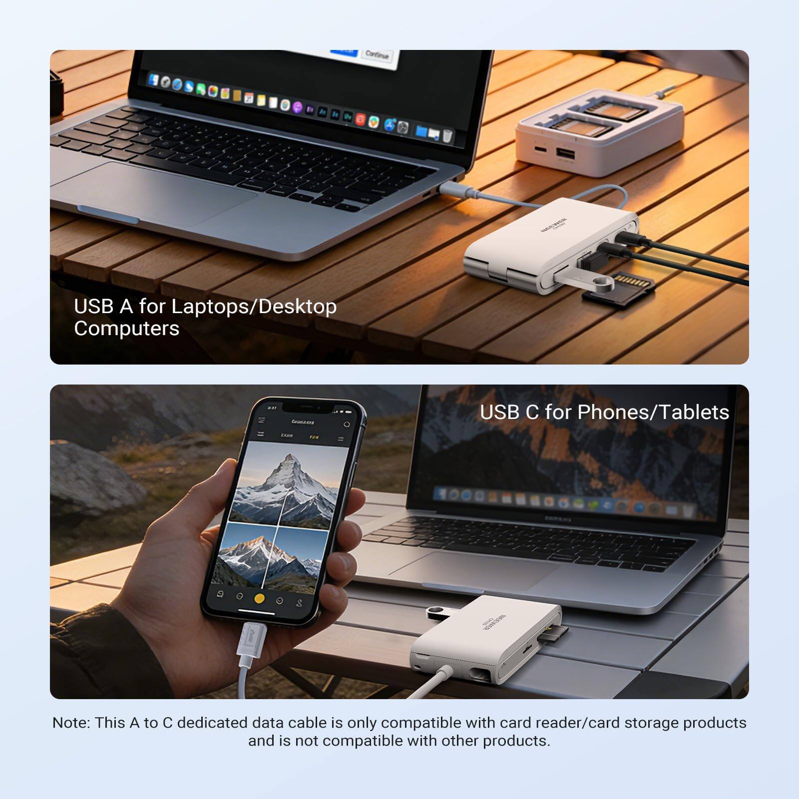 USB A for Laptops/Desktop Computers ...  USB C for Phones/Tablets - Note: This A to C dedicated data cable is only compatible with card reader/card storage products and is not compatible with other products.