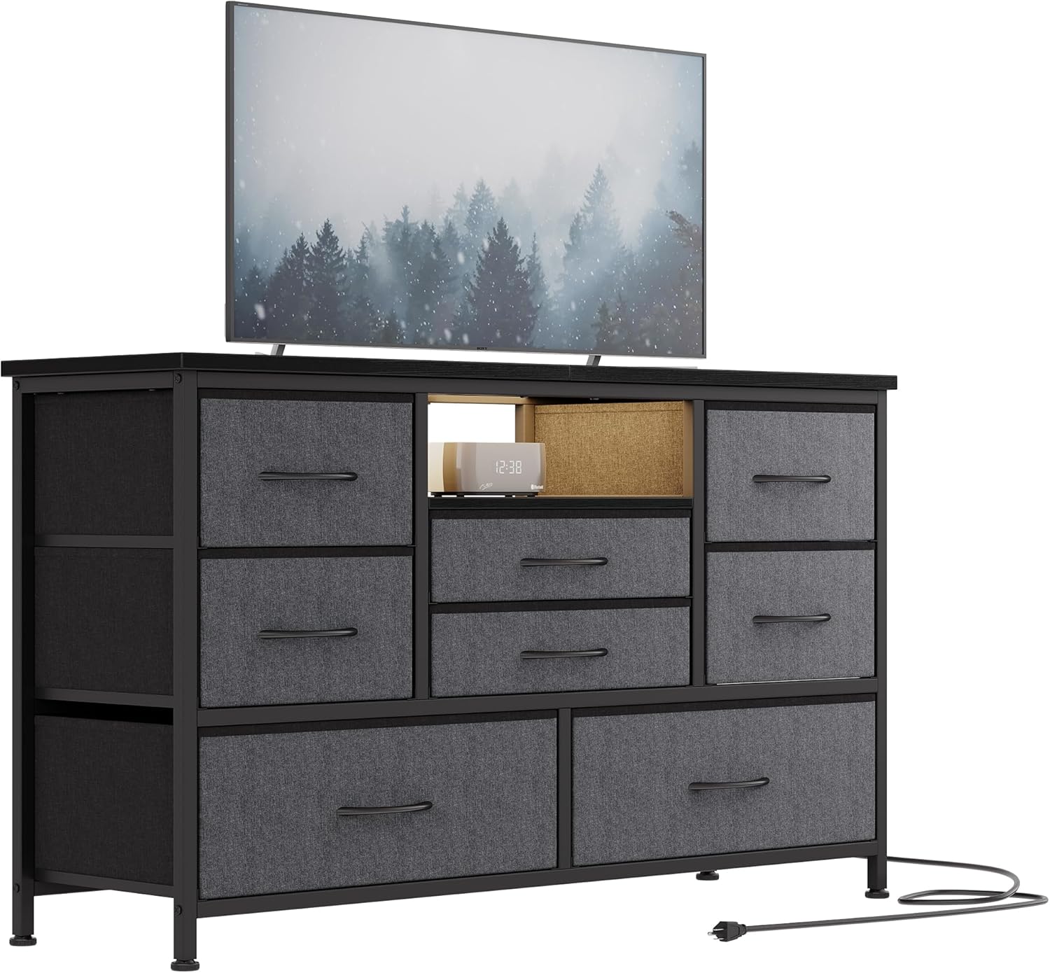 Angle. Maxxis Merch - 8 Drawer TV Cabinet with Socket, Dresser TV Stand for 50 Inch TV, TV Console Table with Storage, Adjustable Feet - Gray.
