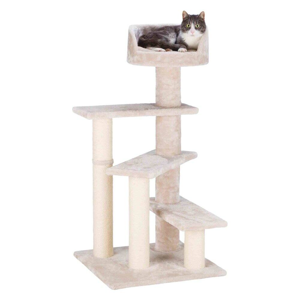 Left. TRIXIE - Tulia Senior Plush & Sisal 4-Level  Cat Tree, Scratching Posts & Bed - Light Gray-Greige.