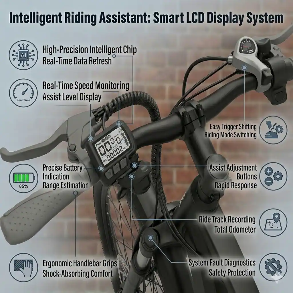Intelligent Riding Assistant: Smart LCD Display System

- AI High-Precision Intelligent Chip
- Real-Time Data Refresh
- Real-Time Speed Monitoring
- Assist Level Display
- 85% Foh
- 2402 00 DEY
- 00% mal set
- 00002
- Precise Battery Indication
- Range Estimation
- Easy Trigger Shifting
- Riding Mode Switching
- Assist Adjustment
- Buttons
- Rapid Response
- Ride Track Recording
- Total Odometer
- Ergonomic Handlebar Grips
- Shock-Absorbing Comfort System
- Fault Diagnostics
- Safety Protection