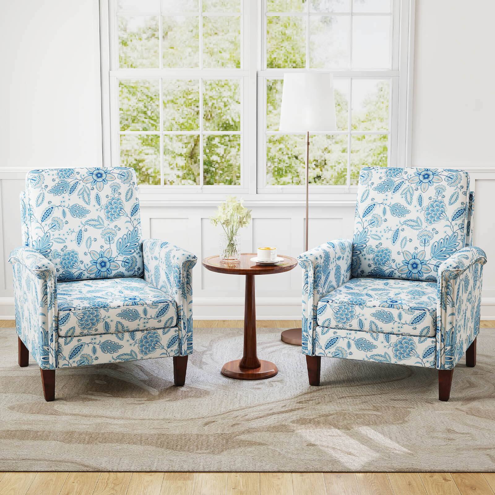 Alt View 3. Costway - Costway 2 PCS Floral Accent Chair with Solid Wood Legs & High Back Thick Comfy Cushions - Blue.