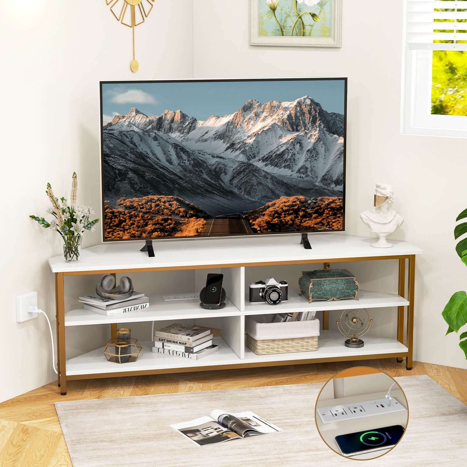 Total Tactic HV10589US WH 3 Tier Corner TV Stand for TVS Up to 65 in. with Charging Station White