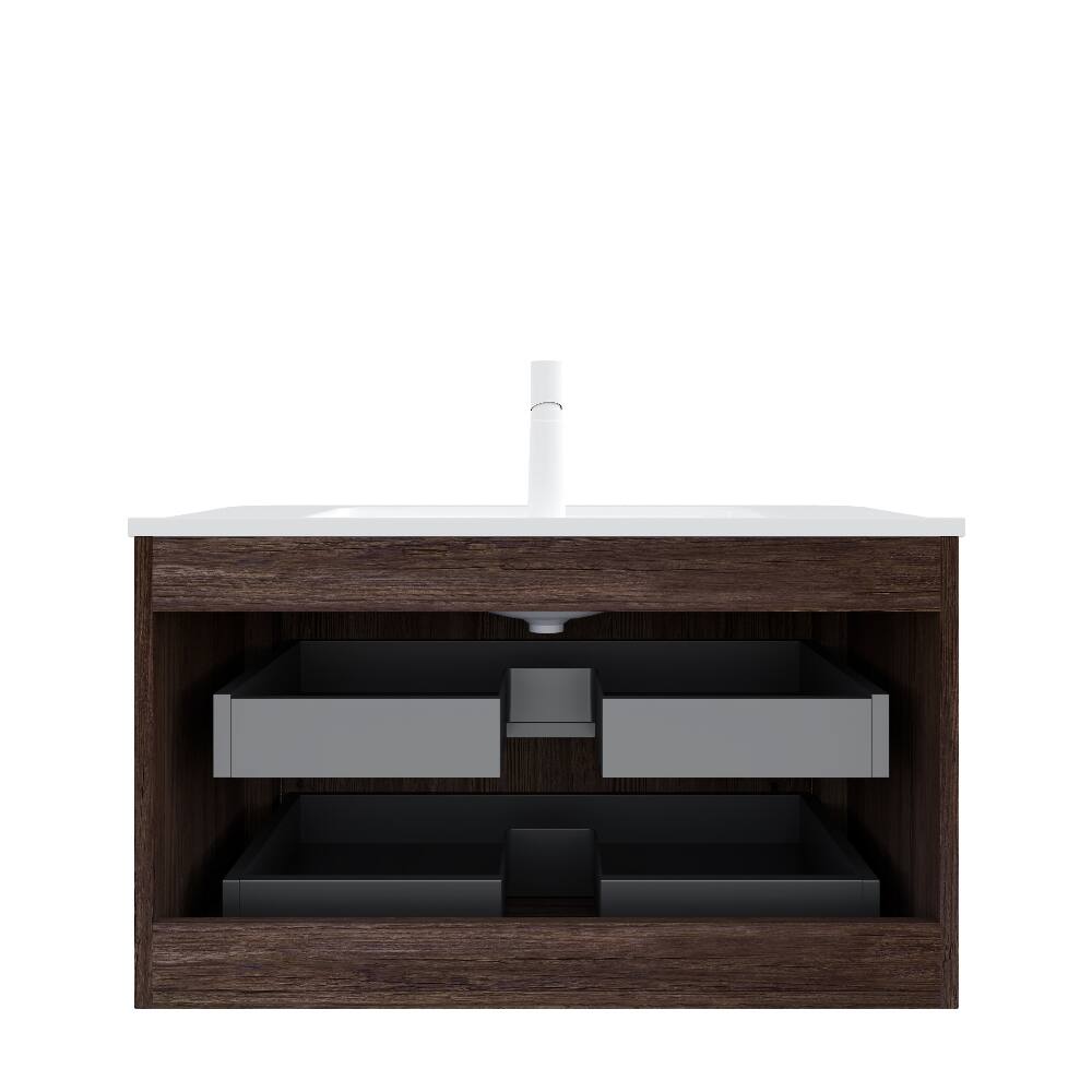 Alt View 1. Loheer - Loheer 36 inch bathroom vanity with sink, wall mounted floating vanity, retro walnut woodgrain finish - White + Deep Walnut.