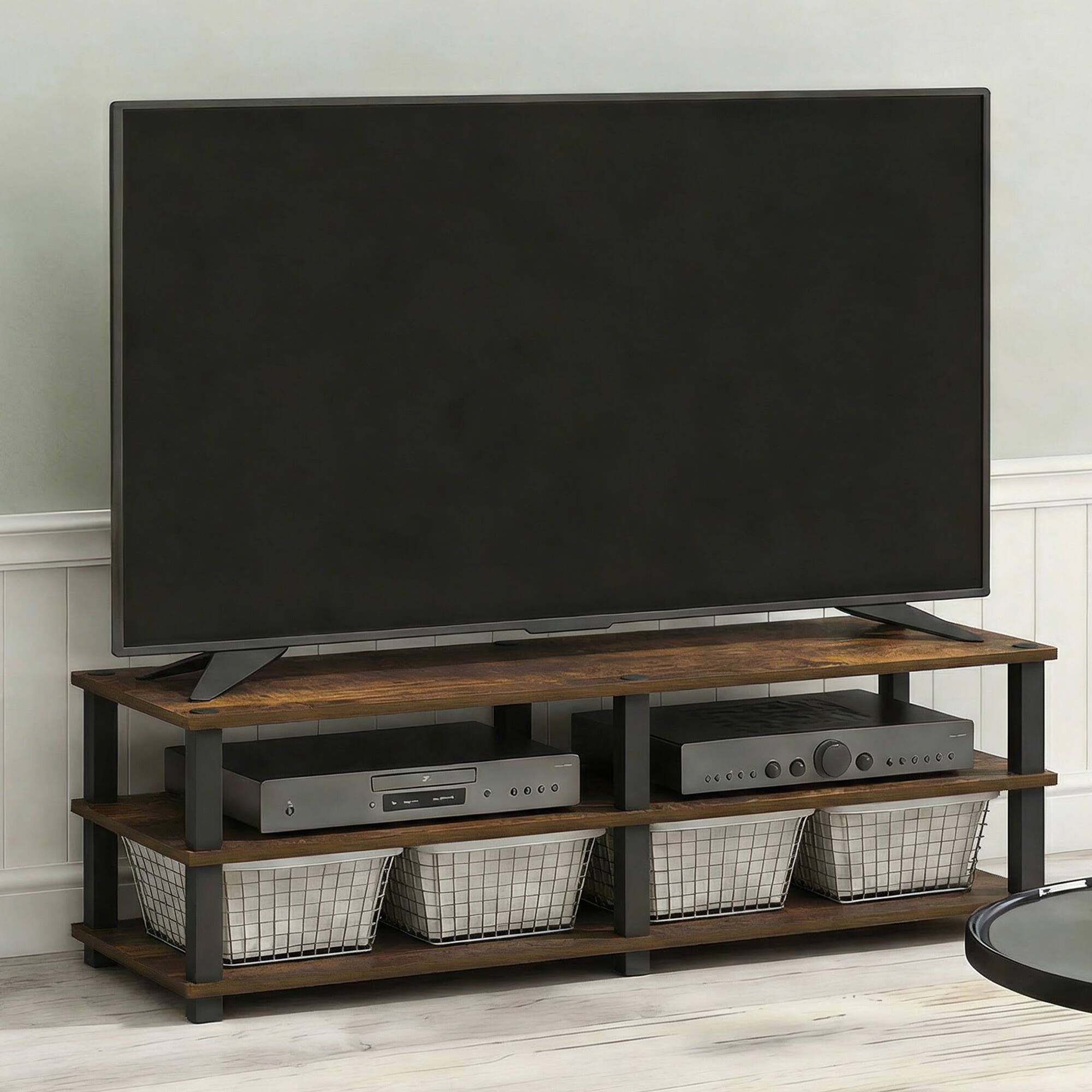 Alt View 1. Furinno - TURN-S-TUBE TV Stand, 3-Tier Open Frame Design Entertainment Center, TV Console for TV up to 46 Inch, Toolless Assembly - Amber Pine/Black.