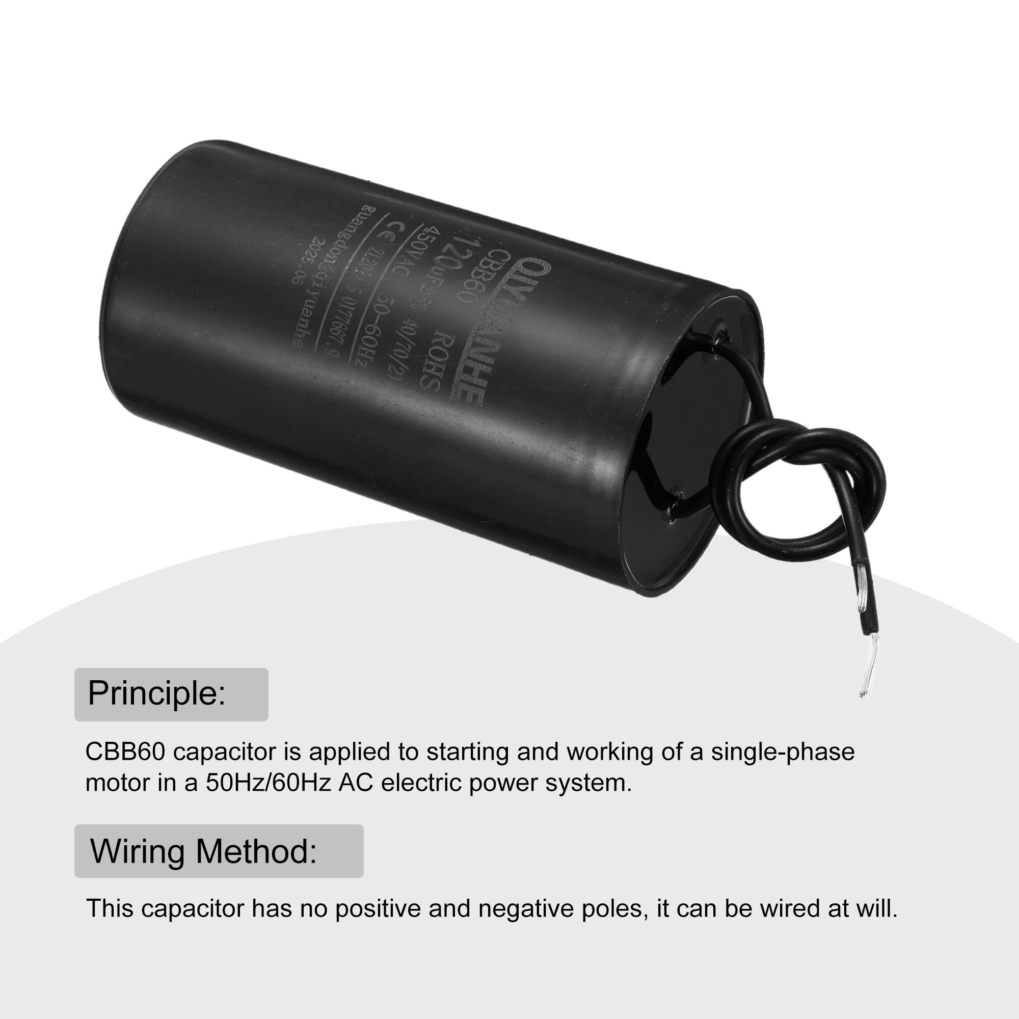 CE guangdongg1yuanh 90 2025 20.202 450VAC 120uFE CBB60 D giyuanhe 9 0177667 50-60Hz 40/70/21 OLYMANHE ROHS

Principle: CBB60 capacitor is applied to starting and working of a single-phase motor in a 50Hz/60Hz AC electric power system.

Wiring Method: This capacitor has no positive and negative poles, it can be wired at will.