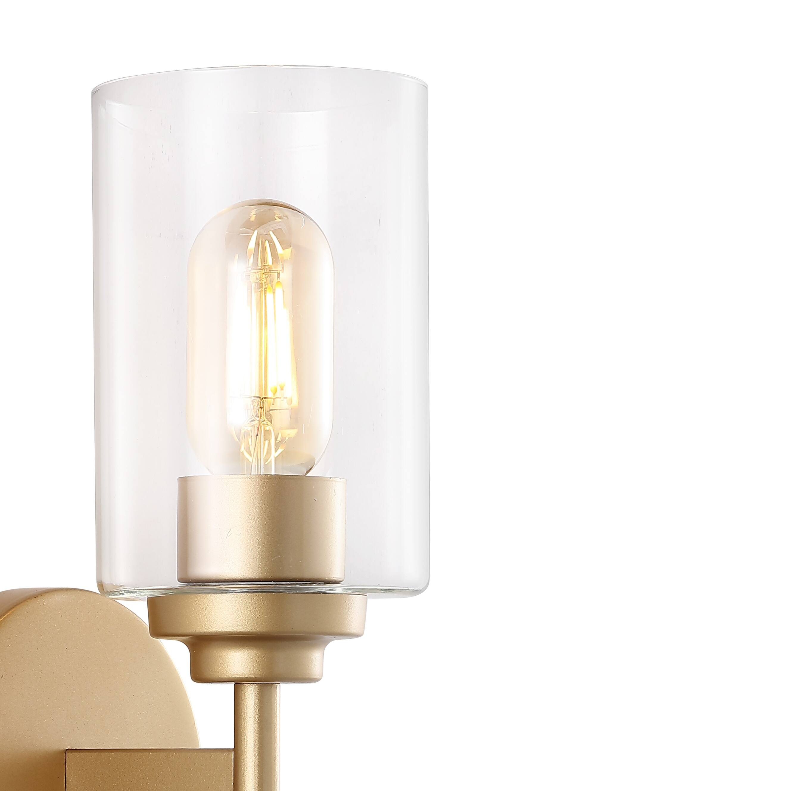 Alt View 3. Jonathan Y - Giles 16" 2-Light Farmhouse Industrial Iron Cylinder LED Sconce, Brass Gold/Clear - Brass Gold.