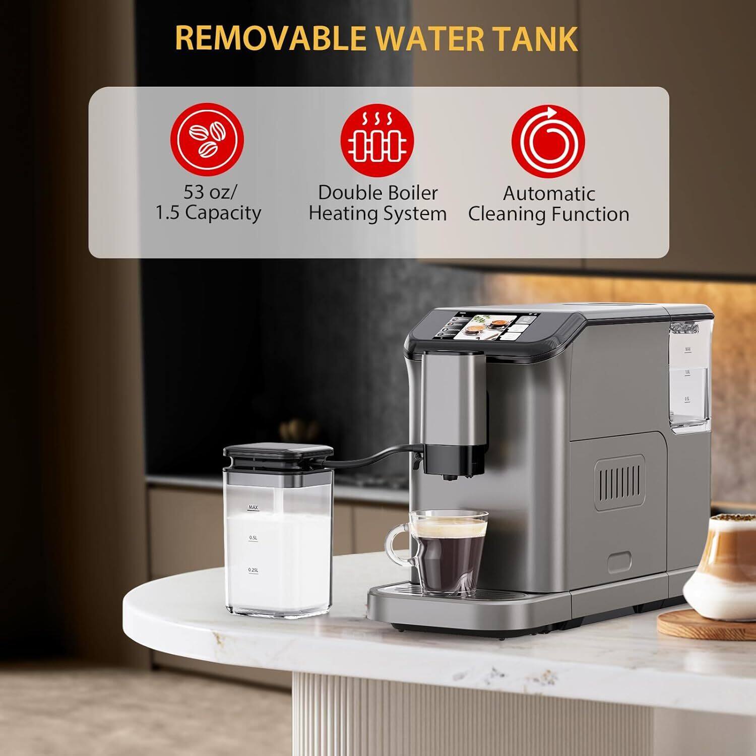 REMOVABLE WATER TANK

- 53 oz/ 1.5 Capacity
- Double Boiler Heating System
- Automatic Cleaning Function