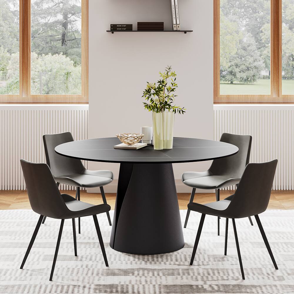 Alt View 4. POVISON - 47" Modern Round Black Dining Table for 4,Matte Sintered Stone Tabletop, Black Carbon Steel Base - Matte Black Sintered Stone & Black Steel Base.