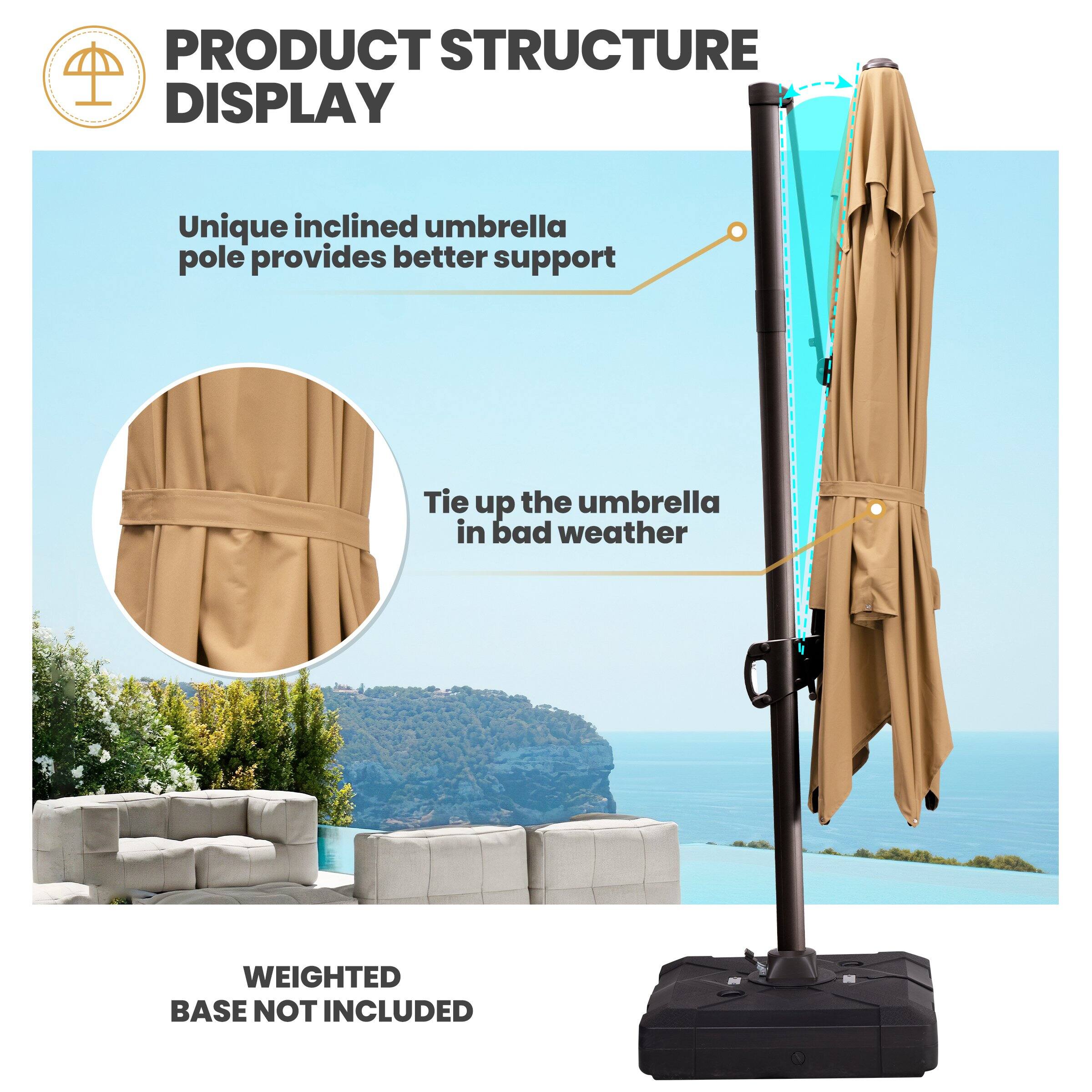 PRODUCT STRUCTURE DISPLAY

Unique inclined umbrella pole provides better support

Tie up the umbrella in bad weather

WEIGHTED BASE NOT INCLUDED