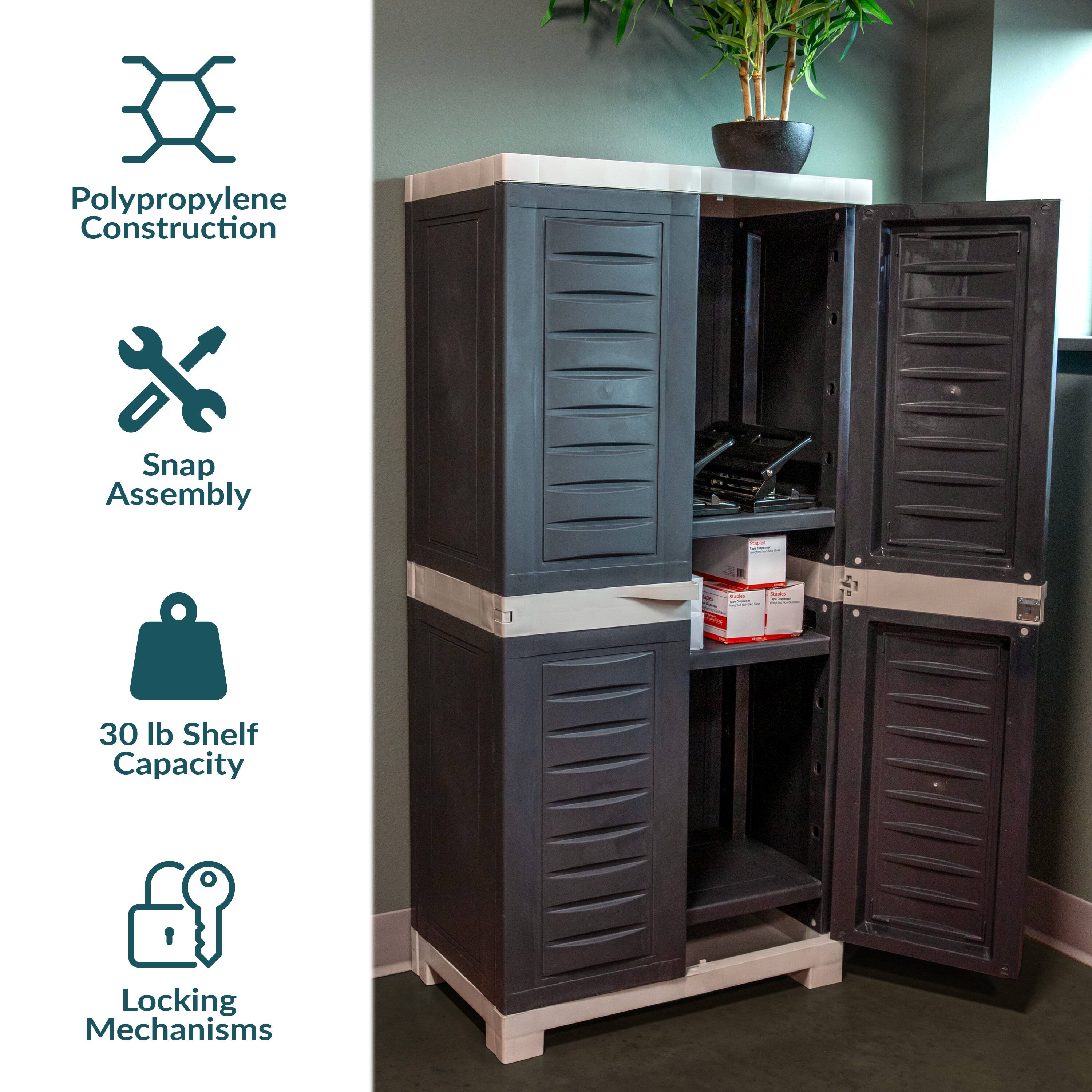 Polypropylene Construction  
Snap Assembly  
30 lb Shelf Capacity  
Locking Mechanisms