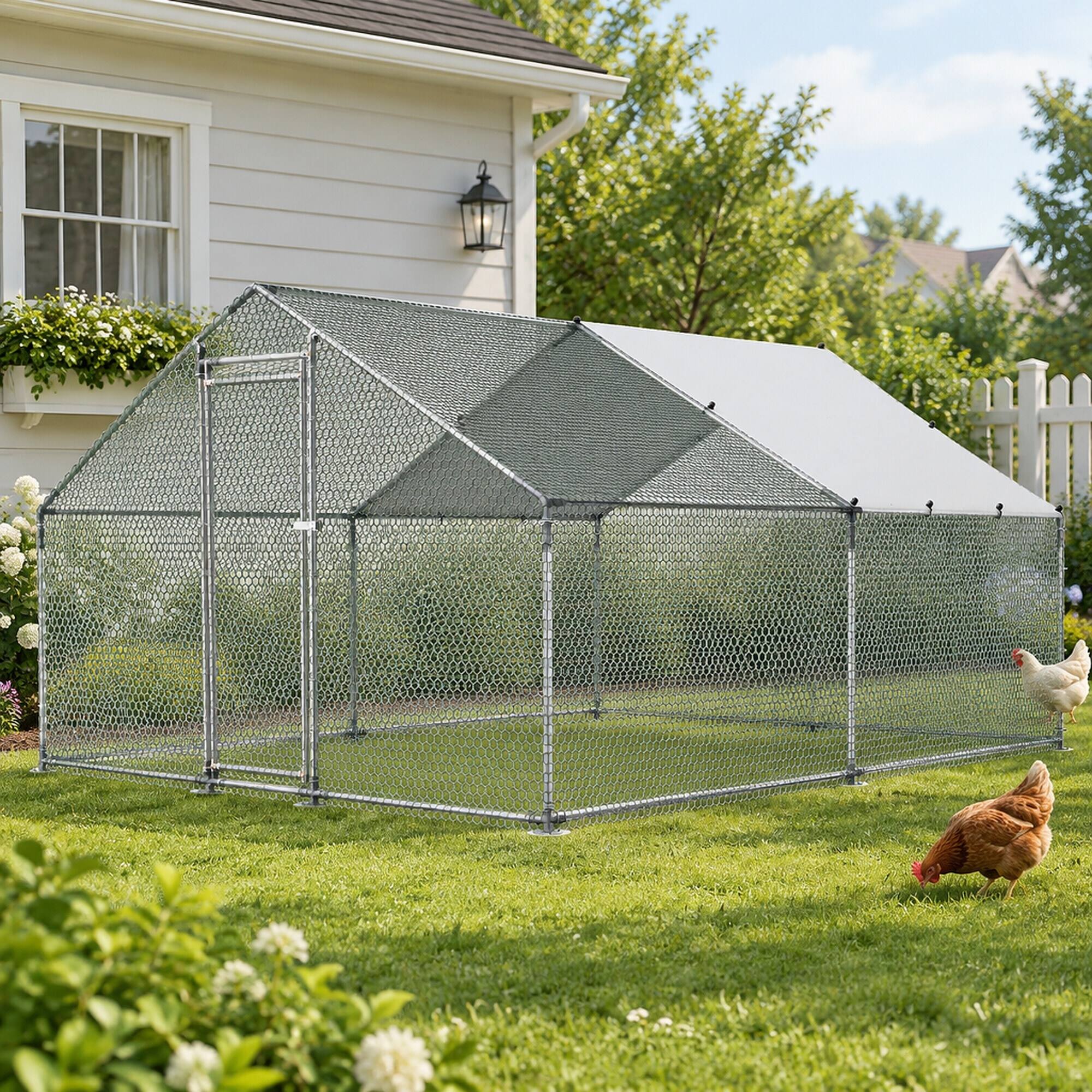Back. RYHNUYNE - Large Metal Chicken Coop, 9.8 x 13.1 x 6.6 ft Walk-in Run, Spire Roof, Waterproof Cover, Locking Door.