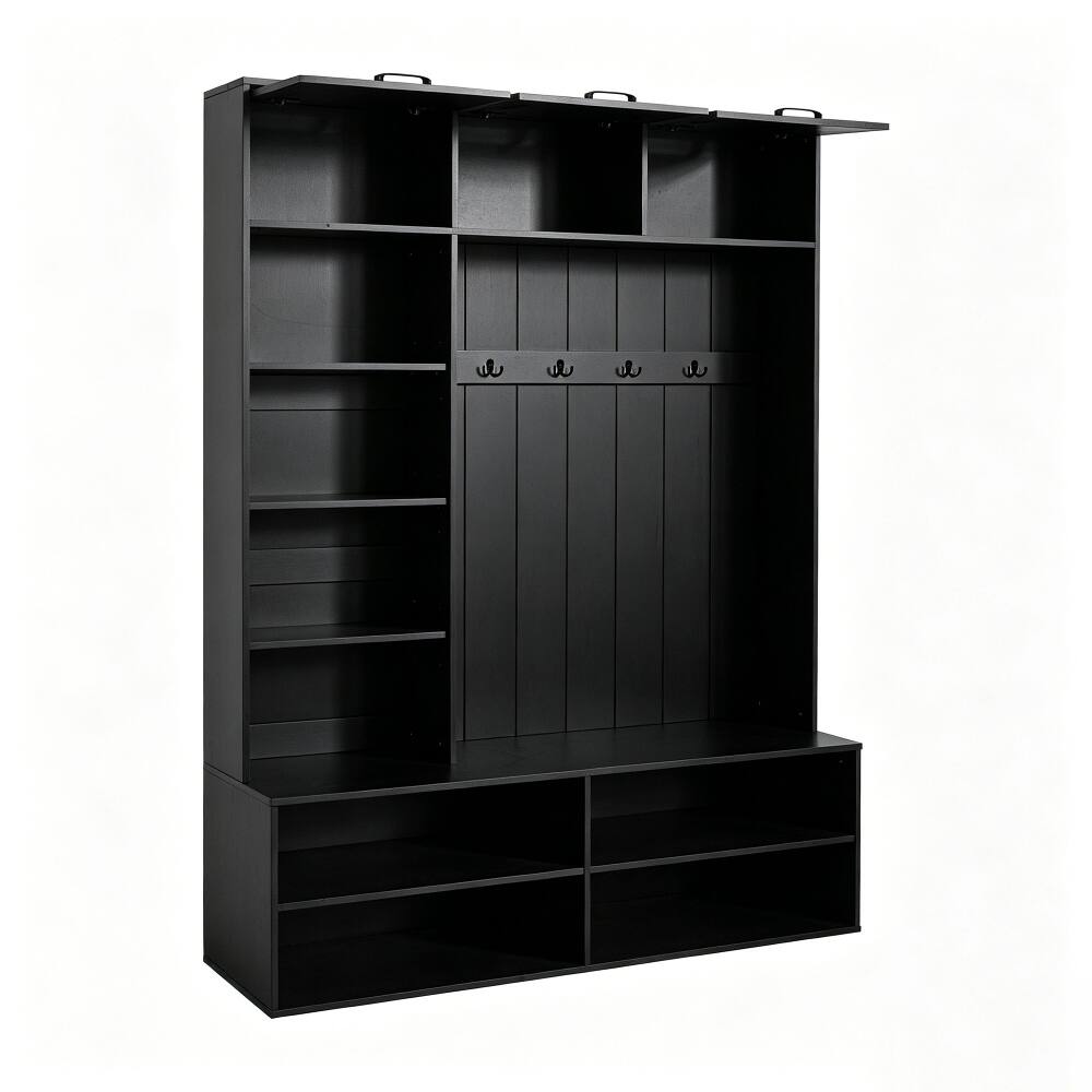 Alt View 2. Loheer - Loheer 5-in-1 entryway bench with coat rack, farmhouse hall tree with bench and shoe storage, 76.9 inch tall, Black - Black.