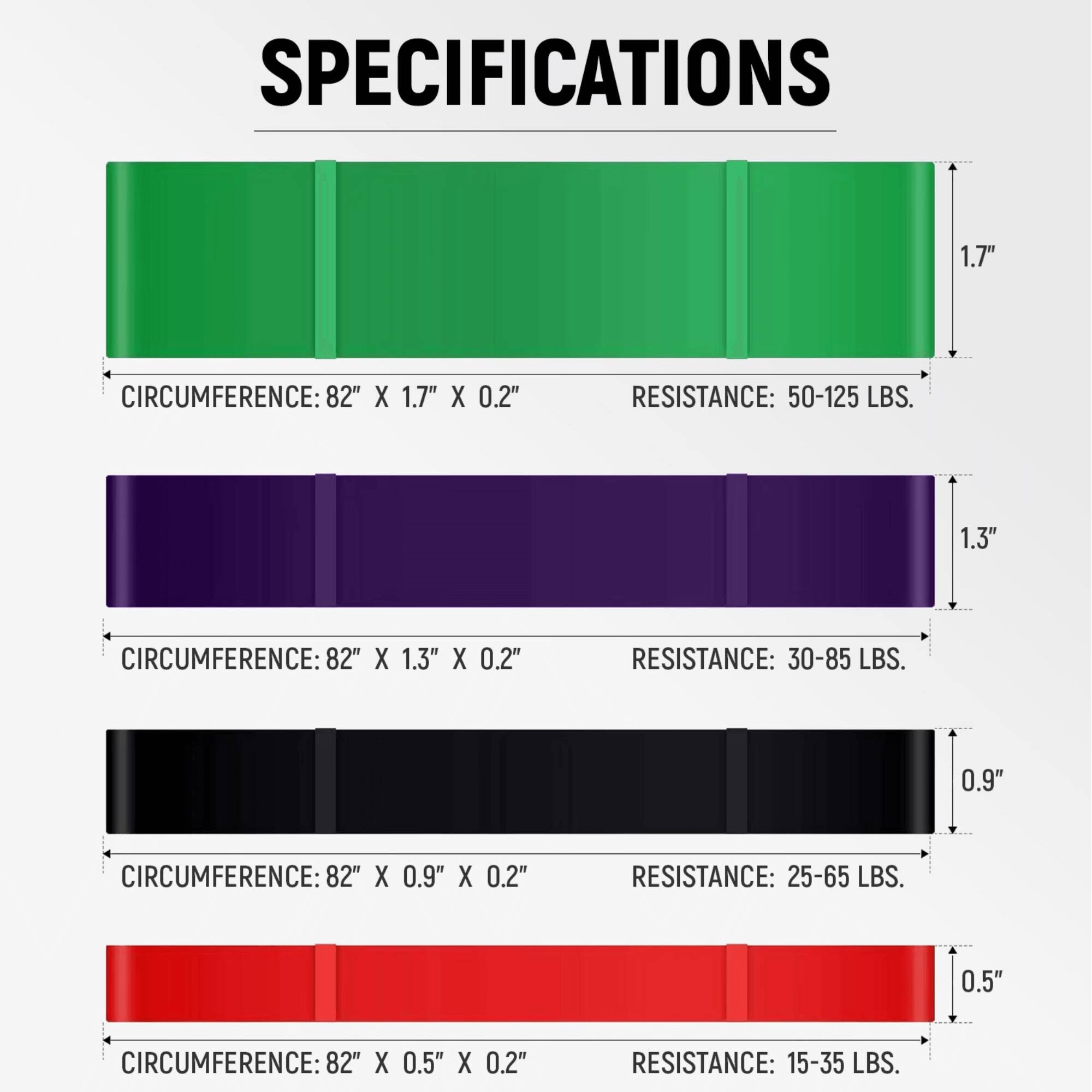 SPECIFICATIONS

1.7" CIRCUMFERENCE: 82" X 1.7" X 0.2" RESISTANCE: 50-125 LBS.

1.3" CIRCUMFERENCE: 82" X 1.3" X 0.2" RESISTANCE: 30-85 LBS.

0.9" CIRCUMFERENCE: 82" X 0.9" X 0.2" RESISTANCE: 25-65 LBS.

0.5" CIRCUMFERENCE: 82" X 0.5" X 0.2" RESISTANCE: 15-35 LBS.