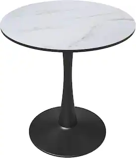 LeisureMod - Bristol 24 Inches Round Dining Table with MDF/Stone Accent Café Table & Sturdy Steel Black Pedestal Base - MDF - Marbled White