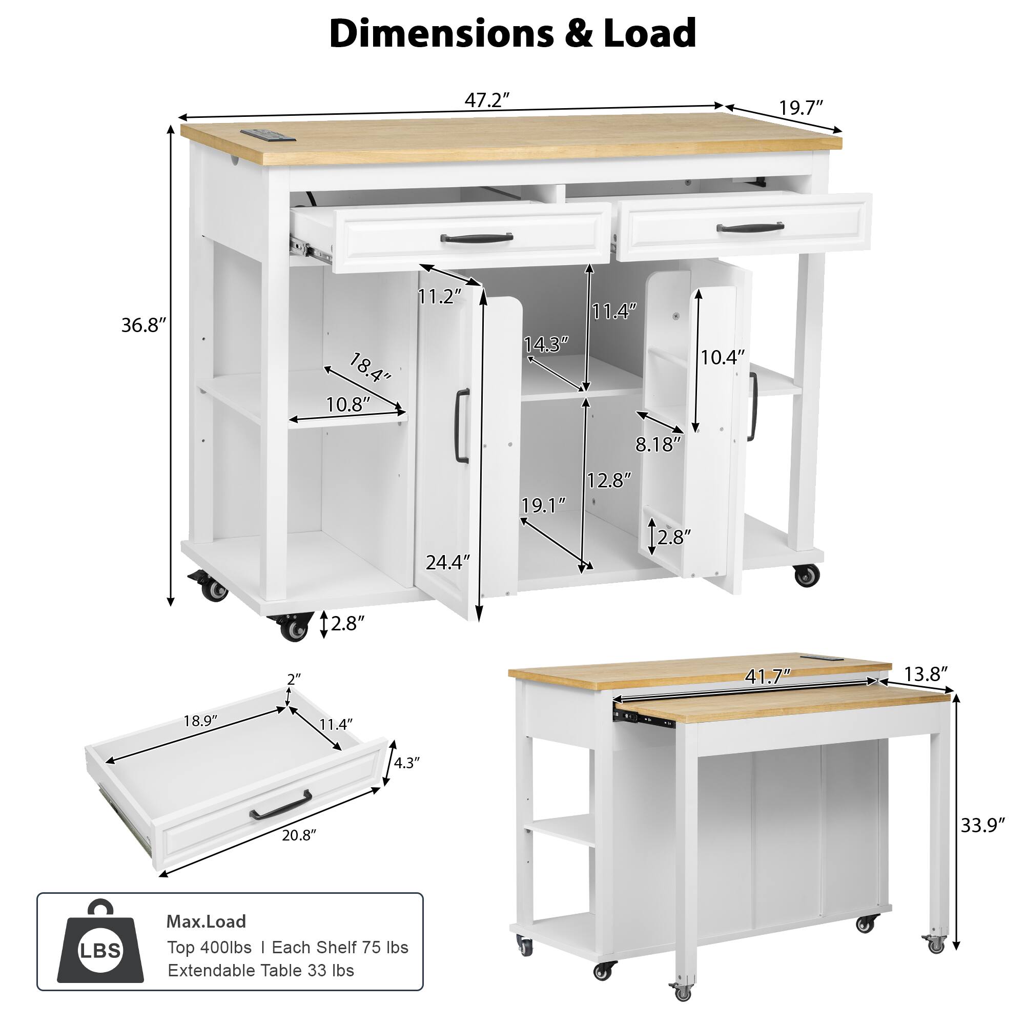 Dimensions & Load

- Top: 47.2" x 19.7"
- Height: 36.8"
- Shelf 1: 18.4" x 10.8"
- Shelf 2: 19.1" x 12.8"
- Shelf 3: 14.3" x 10.4"
- Drawer: 20.8" x 11.4" x 4.3"
- Extendable Table: 41.7" x 13.8"
- Overall Height: 33.9"
- Depth: 24.4"
- Wheel Height: 2.8"

Max Load
- Top: 400 lbs
- Each Shelf: 75 lbs
- Extendable Table: 33 lbs
