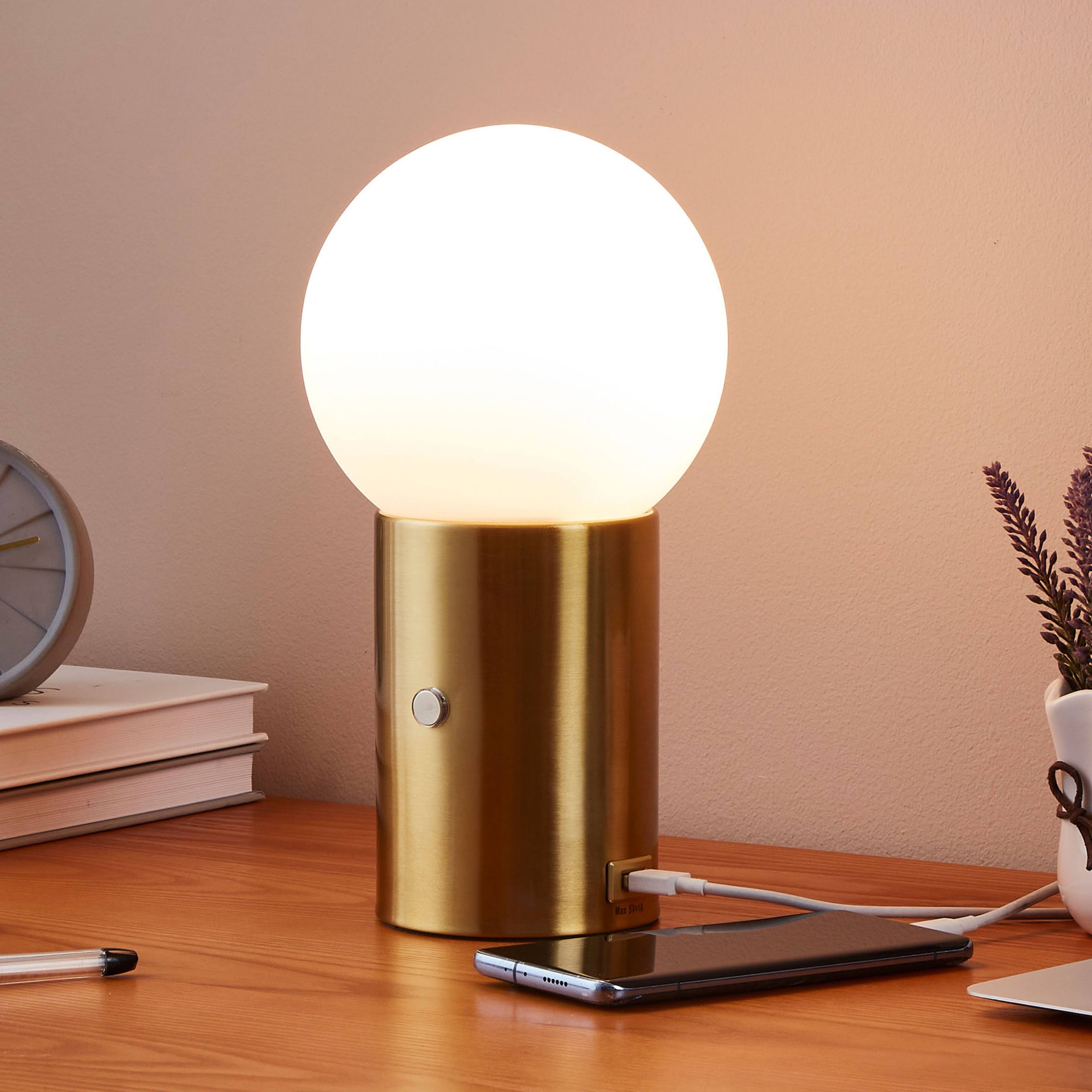 Angle. Brightech - Kai LED Modern Contemporary Round Globe Dimmable Bedside Nightstand Desk Lamp with Fast Charging USB Port - Antiqued Brass.