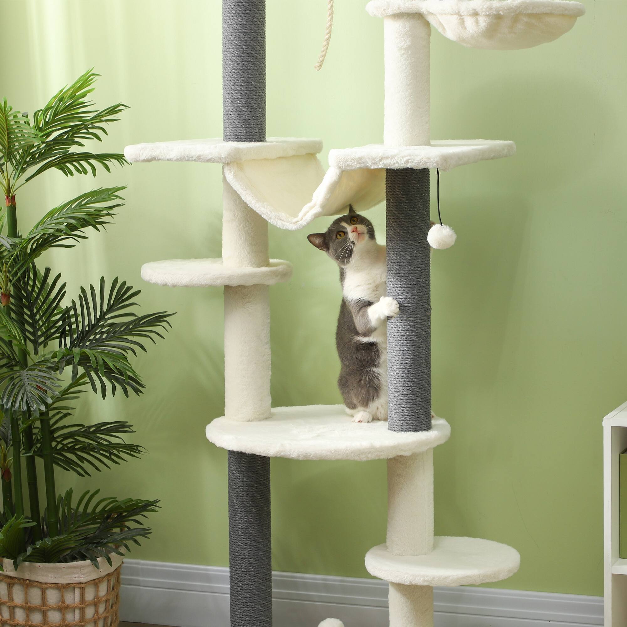 Alt View 5. Pawhut - Cat Tree Tower, Floor to Ceiling, Adjustable (89"-100"), 7 Tier, Scratching Posts, Hammock, Balls, Rope, Indoor - White.