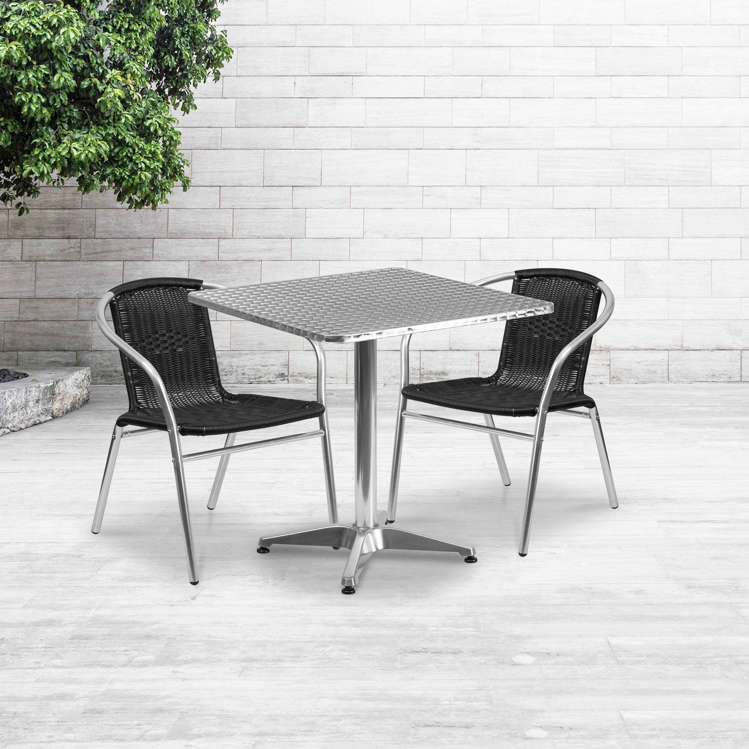 Alt View 1. Emma + Oliver - 27.5" Square Aluminum Garden Patio Table Set with 2 Rattan Chairs - Black.