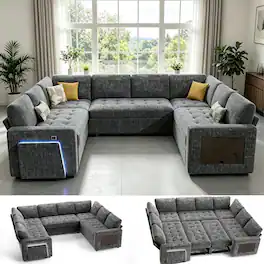 Dyonery - 8-Seat Modular Sectional Sleeper Sofa with Pull-Out Bed, Reclining Backrest, USB Ports, Table, LED Lights ,Gray - Gray