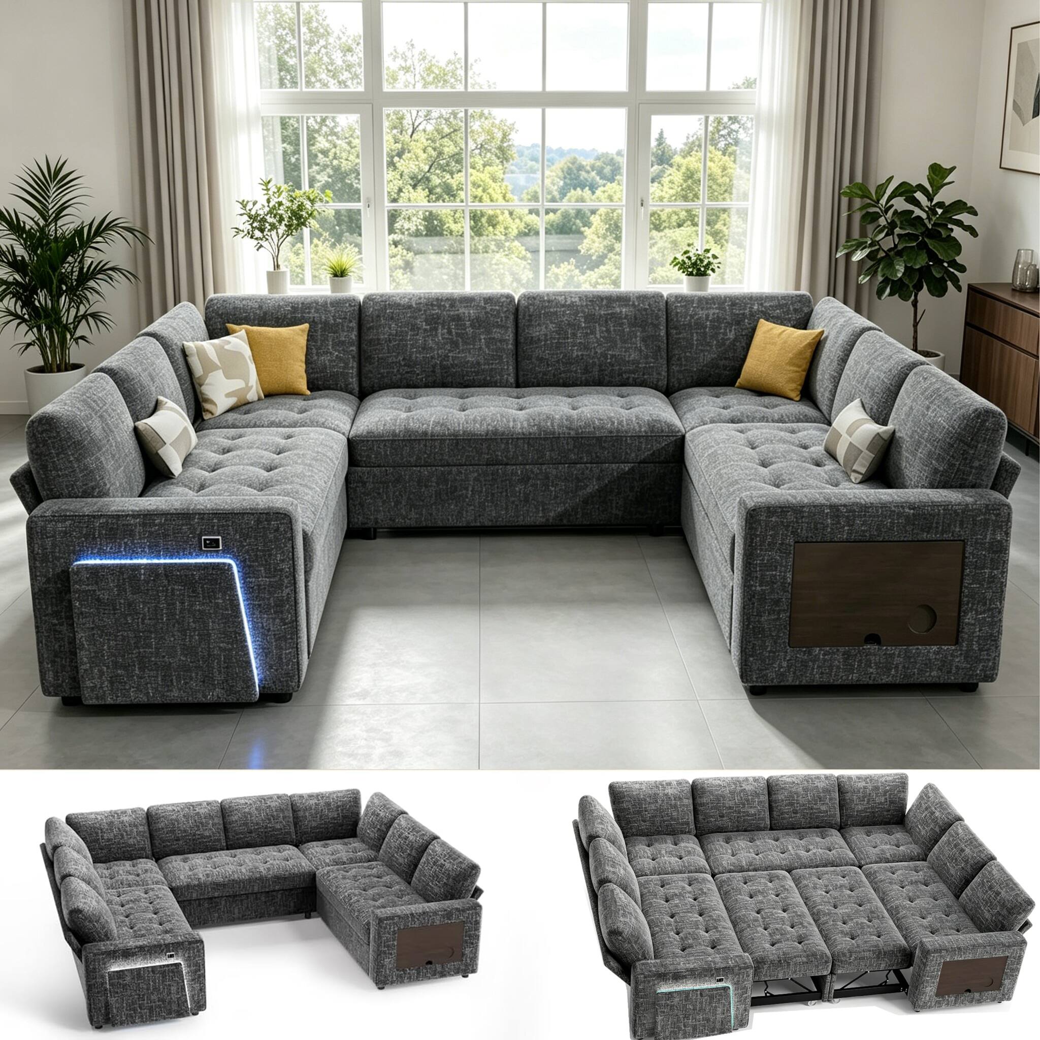 Front. Dyonery - Dyonery 8-Seat Modular Sectional Sleeper Sofa with Pull-Out Bed, Reclining Backrest, USB Ports, Table, LED Lights ,Gray - Gray.
