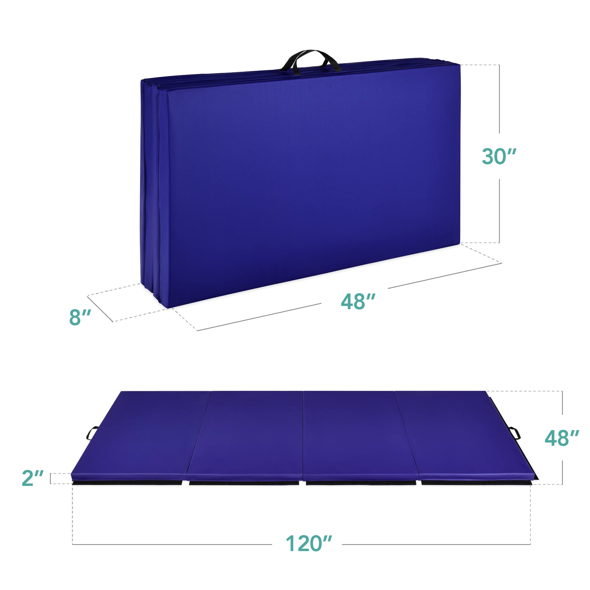 The dimensions of the blue box are:

- Length: 48"
- Width: 30"
- Height: 8"

When unfolded, the dimensions are:

- Length: 48"
- Width: 20"
- Height: 2"