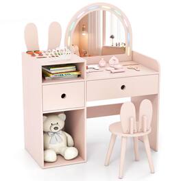 Costway - Princess Bunny Makeup Table with Lighted Mirror, Open Shelves and Storage Drawers - Pink