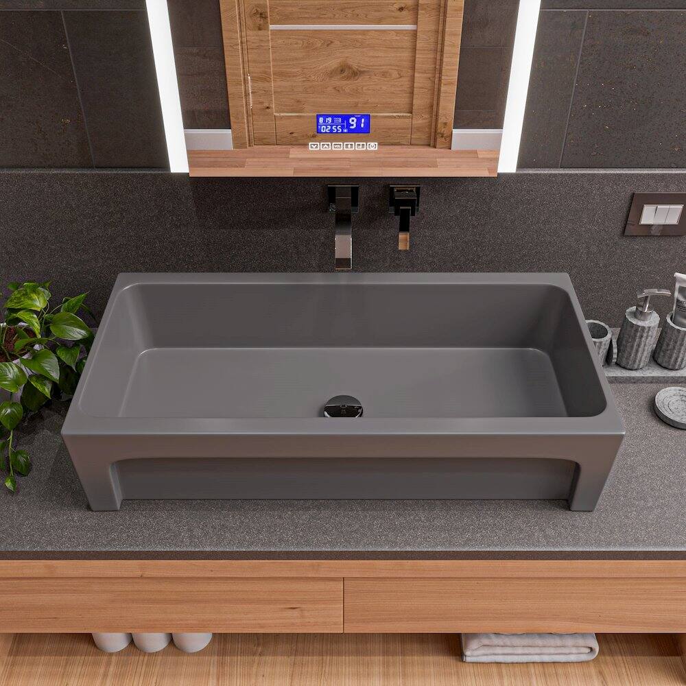 Alt View 1. Alfi - 36" Grey Matte Above Mount Fireclay Bathroom Trough Sink - Gray.