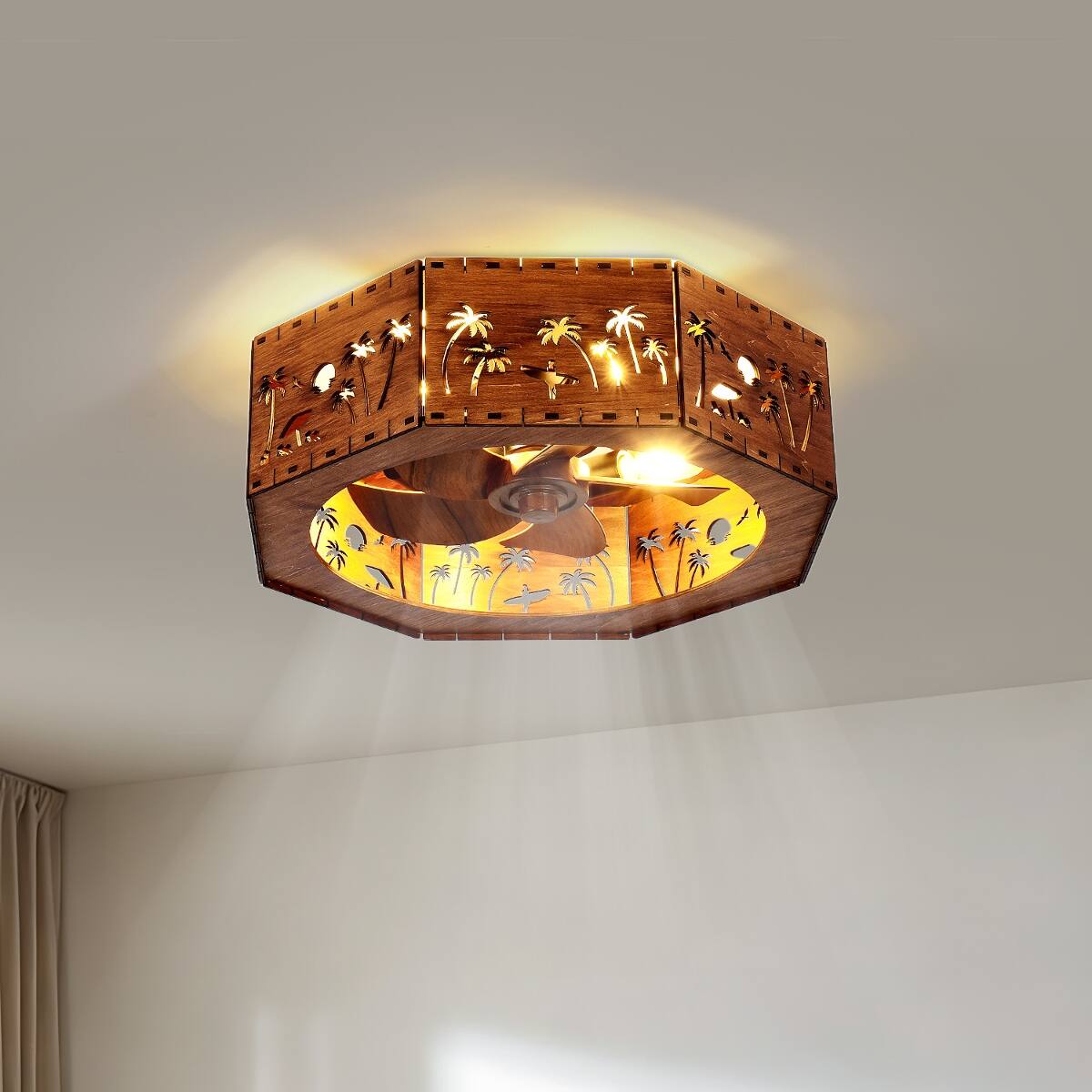 Front. Loheer - Loheer Farmhouse Ceiling Fan with Light, Caged Fandelier with Hidden Blades, Low Profile Wood Design.