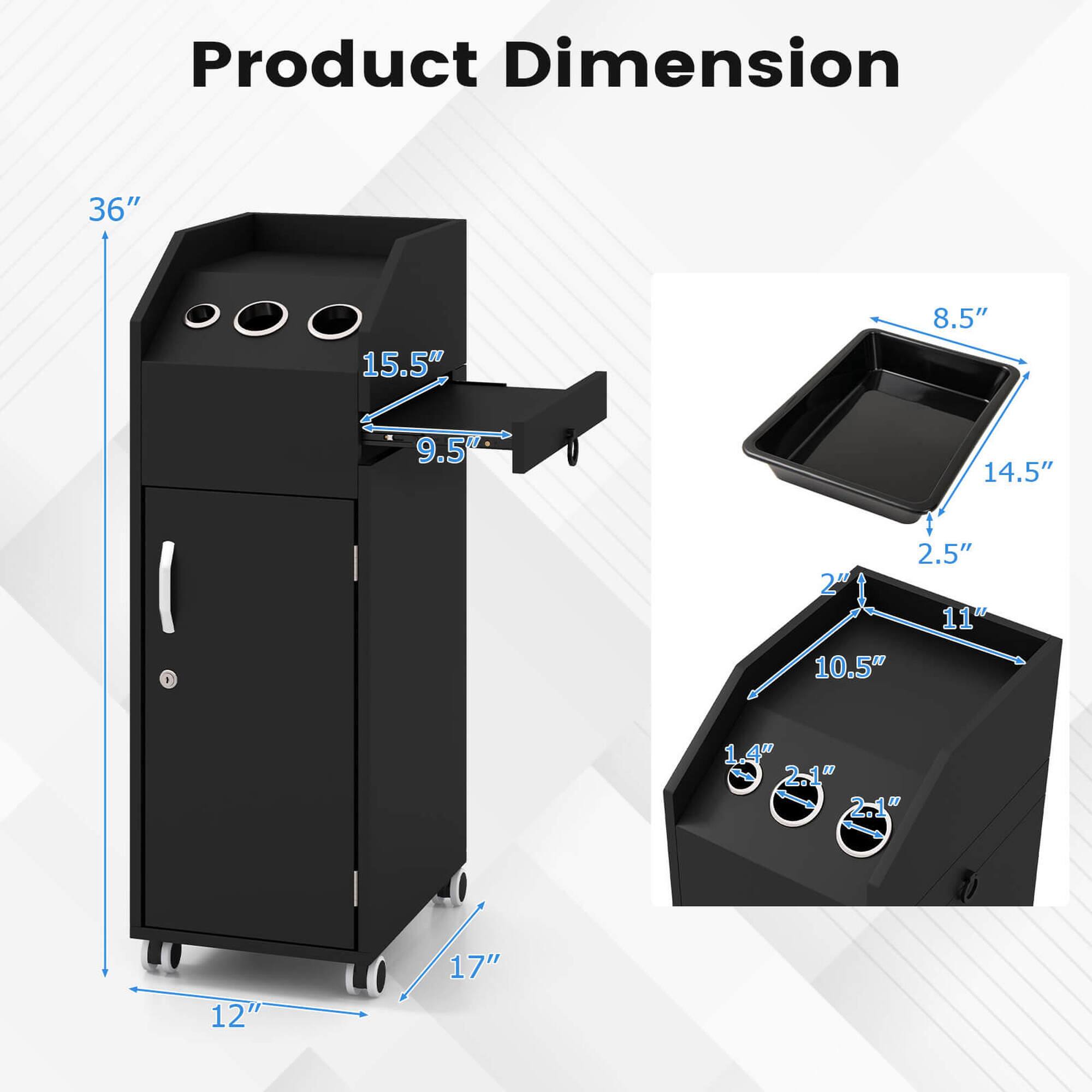 Product Dimension

- Height: 36"
- Width: 15.5"
- Depth: 9.5"
- Base Width: 12"
- Base Depth: 17"
- Tray Width: 14.5"
- Tray Depth: 8.5"
- Tray Height: 2.5"
- Top Width: 11"
- Top Depth: 10.5"
- Top Height: 2"
- Top Hole Diameter: 1.4"
- Top Hole Spacing: 2.1"