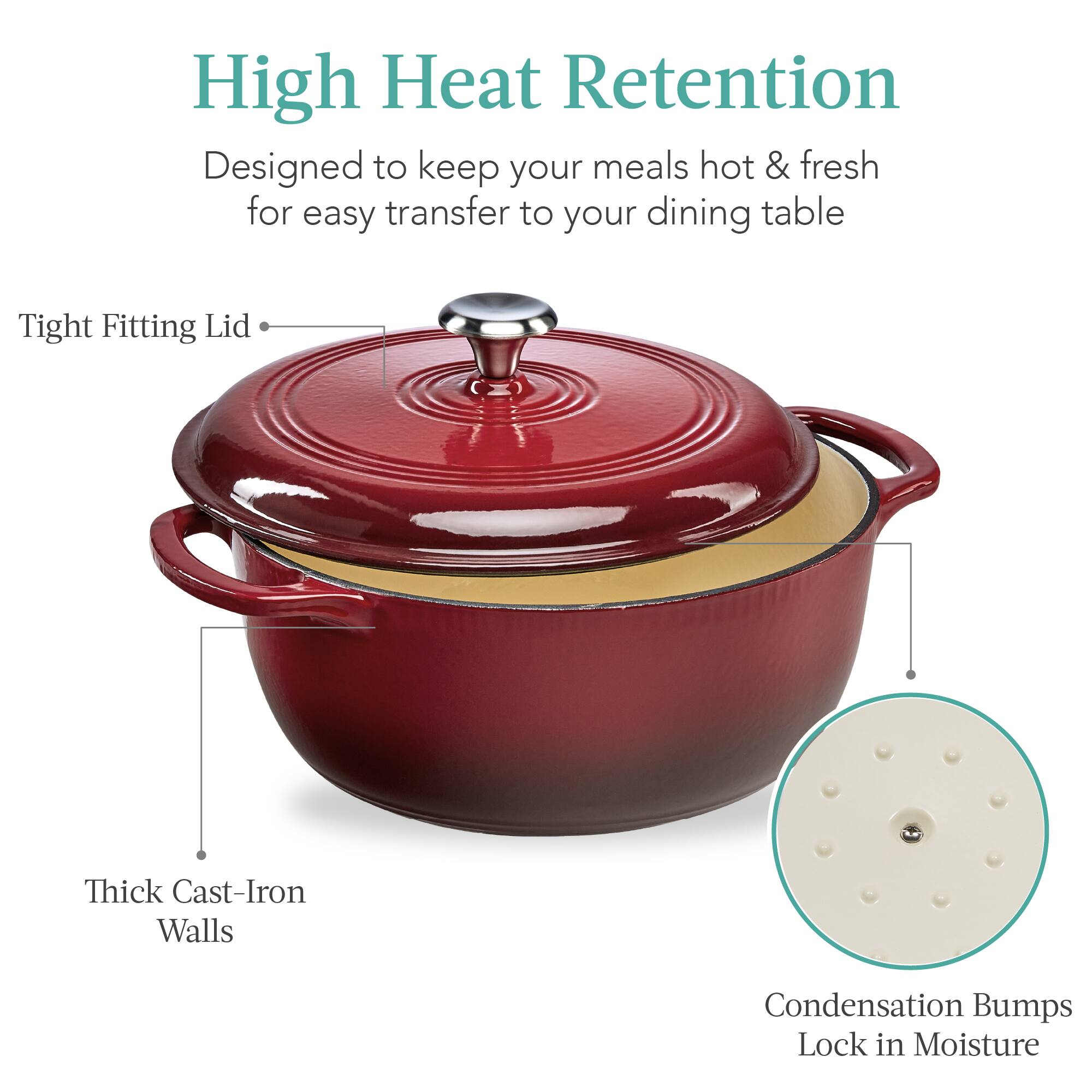 High Heat Retention  
Designed to keep your meals hot & fresh for easy transfer to your dining table  

- Tight Fitting Lid  
- Thick Cast-Iron Walls  
- Condensation Bumps Lock in Moisture
