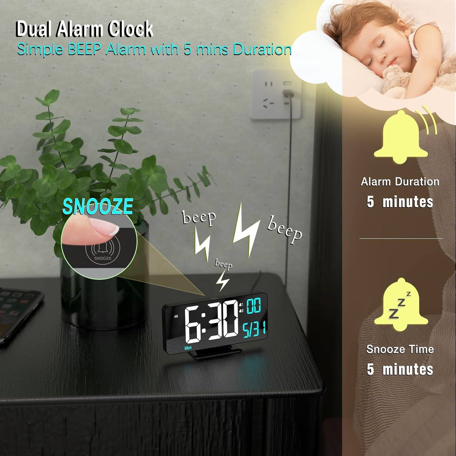 Dual Alarm Clock  
Simple BEEP Alarm with 5 mins Duration  

SNOOZE  
beep beep beep  

6:30  
00  
5/31 - Mon  

Alarm Duration: 5 minutes  
Snooze Time: 5 minutes