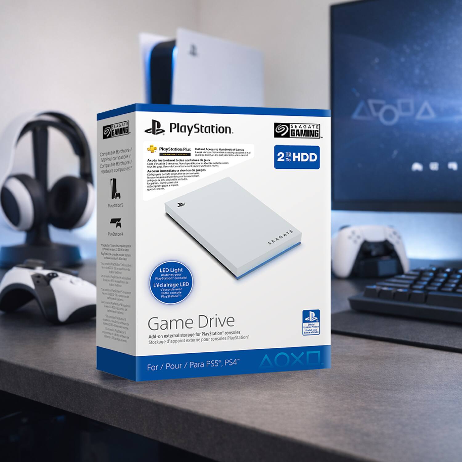 SEAGATE GAMING PlayStation. SEAGATE GAMING ALOZA NO dear 4 Cangar bie Nige nhng_t Carpin be Hardeare NUdUT compatie PtoyStotion Plus - - - - - | ... Acoks -ntantand . - mantaines - - - - - - - - - - - - - - - - - - Jerg - - Cor - - - nhing_o - - - - - d TB 2 To HDD Padator'S Palotors SEAGATE - LED Light manches T maytruon Cotisaton L'clairage LED ancents - wTe cantunie Payaton - Game Drive for PlayStation consoles Add on extemal storage PlayStation" externe pour consoles Stockage d'appoint For/Pour Para PS5, PS4"