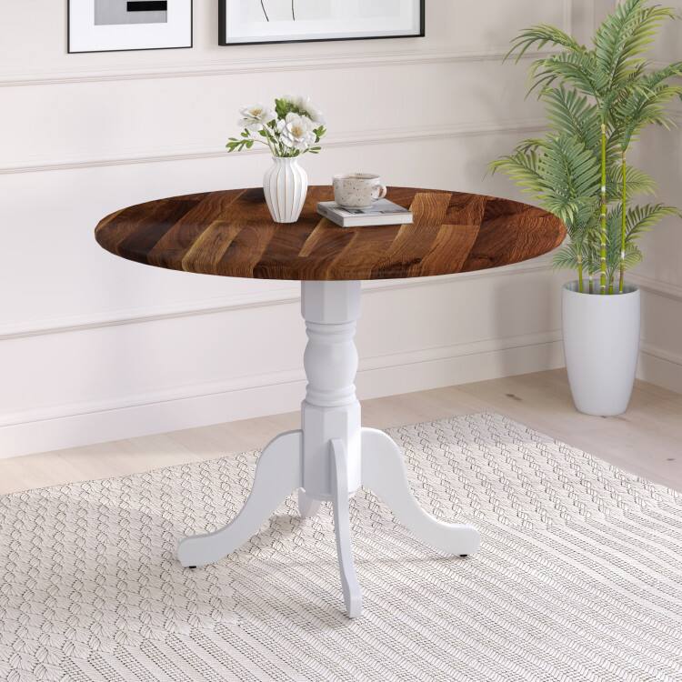 Left. SlickBlue - Wood Dining Table with Round Tabletop and Stylish Trestle Legs - Walnut, White.