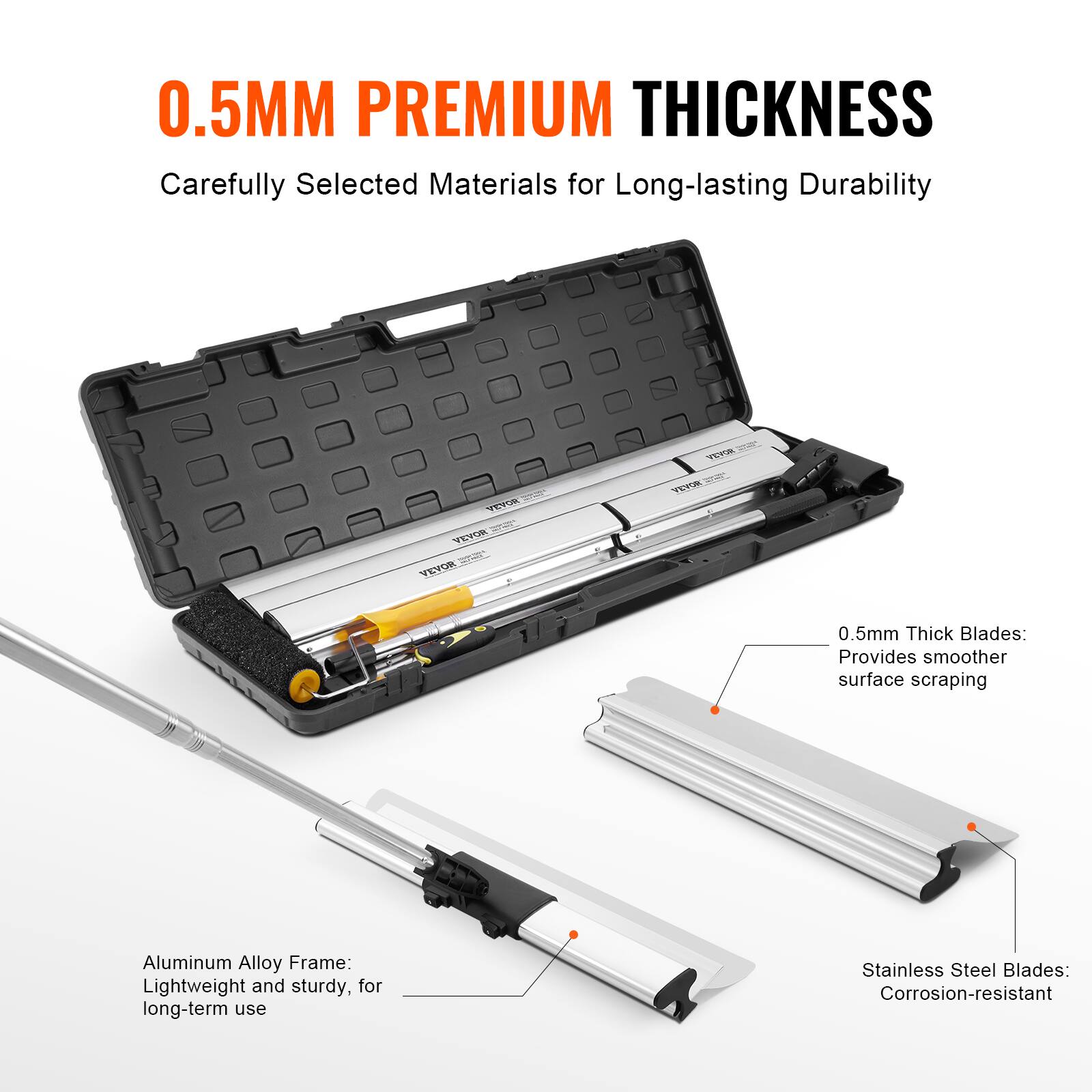 0.5MM PREMIUM THICKNESS  
Carefully Selected Materials for Long-lasting Durability  

0.5mm Thick Blades: Provides smoother surface scraping  
Aluminum Alloy Frame: Lightweight and sturdy, for long-term use  
Stainless Steel Blades: Corrosion-resistant