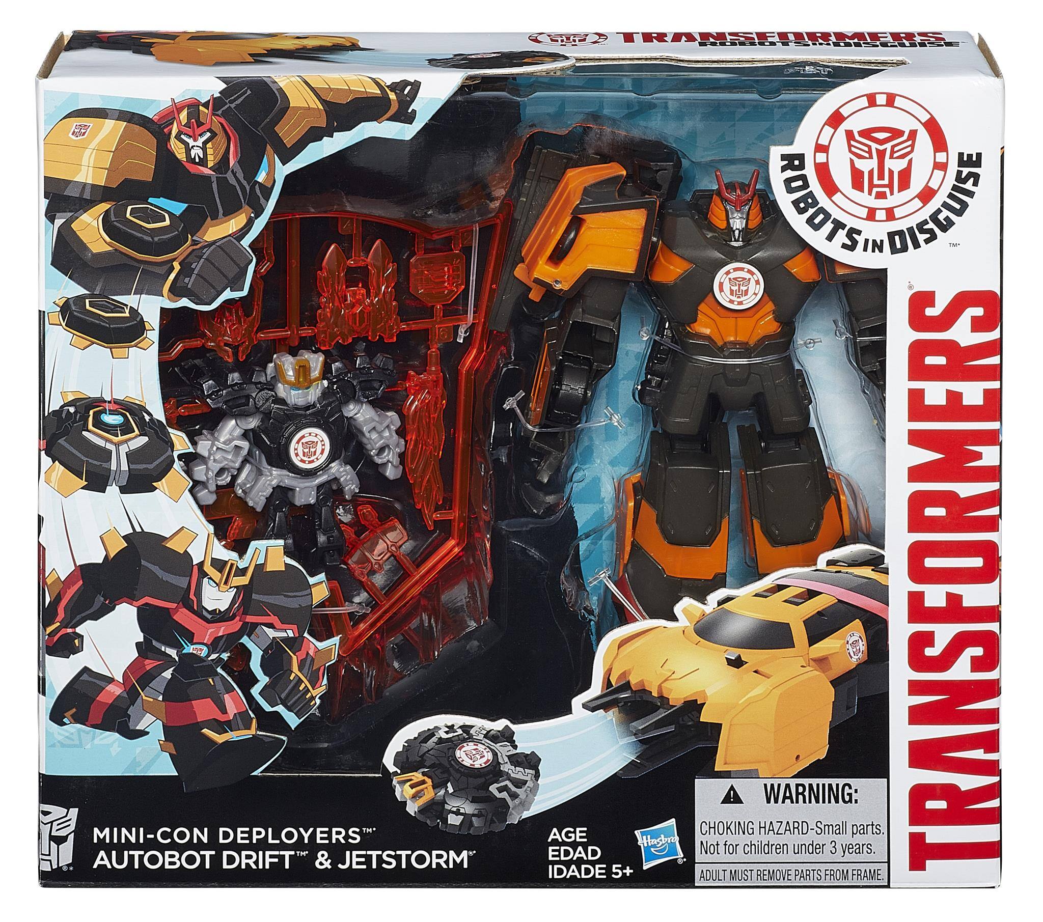 MINI-CON DEPLOYERS AUTOBOT DRIFT & JETSTORM  
TRANSFORMERS  
ROBOTS IN DISGUISE  

AGE EDAD IDADE 5+  
WARNING: CHOKING HAZARD - Small parts. Not for children under 3 years.  
ADULT MUST REMOVE PARTS FROM FRAME