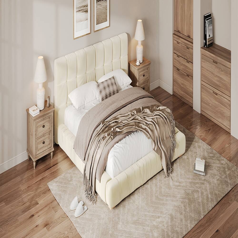 Alt View 3. Loheer - Loheer King Size Bed Frame Upholstered Platform Bed Velvet Beige Tufted Headboard Low Profile - Beige.