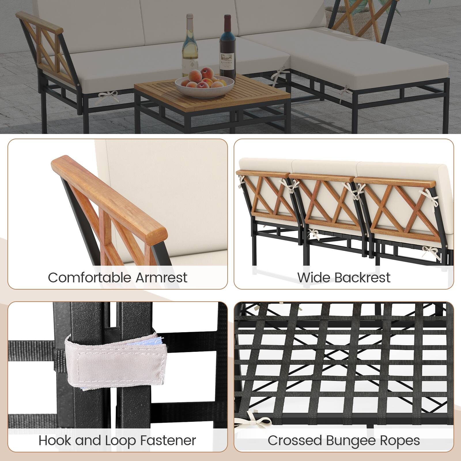 - Comfortable Armrest
- Wide Backrest
- Hook and Loop Fastener
- Crossed Bungee Ropes