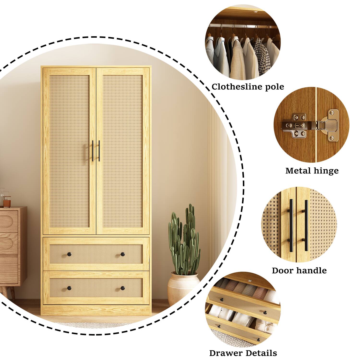 - Clothesline pole
- Metal hinge
- Door handle
- Drawer Details