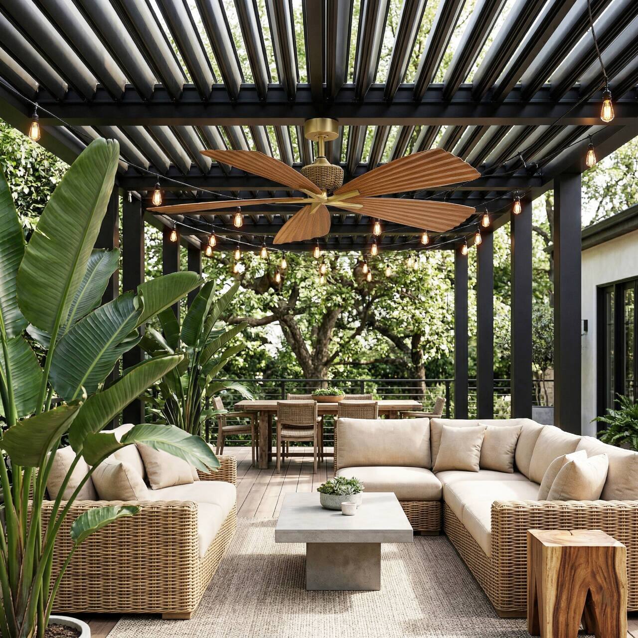 Left. Parrot Uncle - 56" Brown Tropical Pleated Leaf 5-Blade Indoor Outdoor Ceiling Fan with Remote, No Light - Gold.