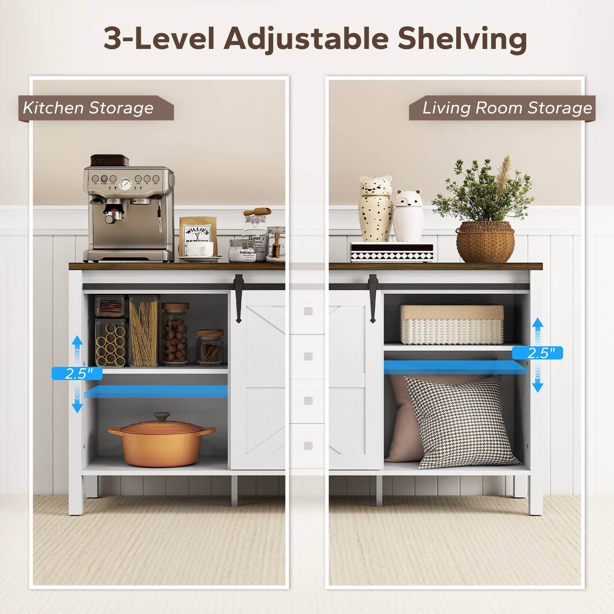 3-Level Adjustable Shelving, Kitchen Storage, Living Room Storage, 2.5", 2.5"
