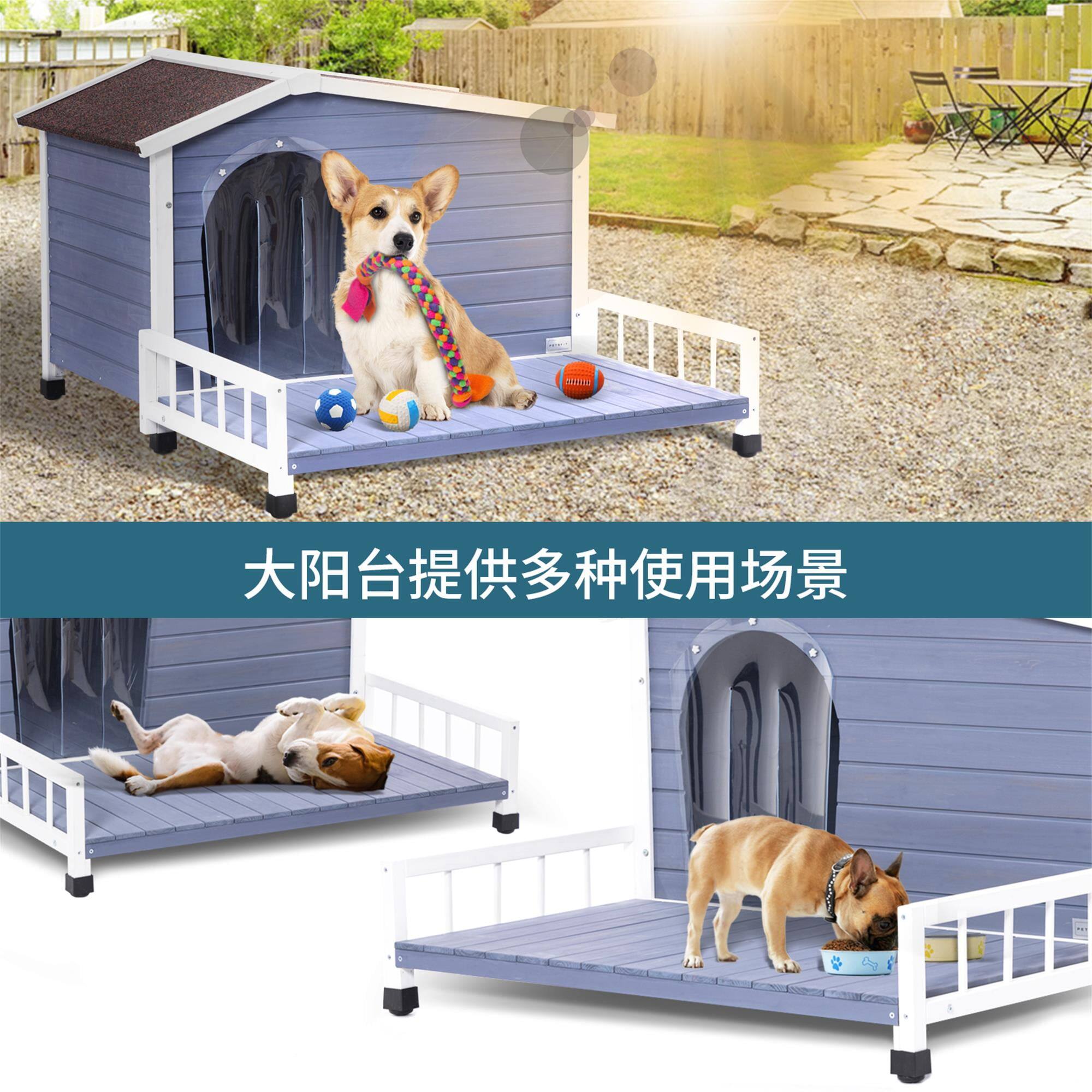 Alt View 1. Pefilos - 46" Weatherproof Wood Dog Houses with Terrace and An Open Roof, Outdoor Large Pet Cat House, Windows and Door Curtains.