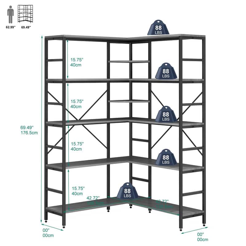 GARVEE - 4-Tier L-Shaped Industrial Bookshelf,Heavy Duty Corner Bookcase with Open Shelves and Curved Panels for Living Room - Gray
