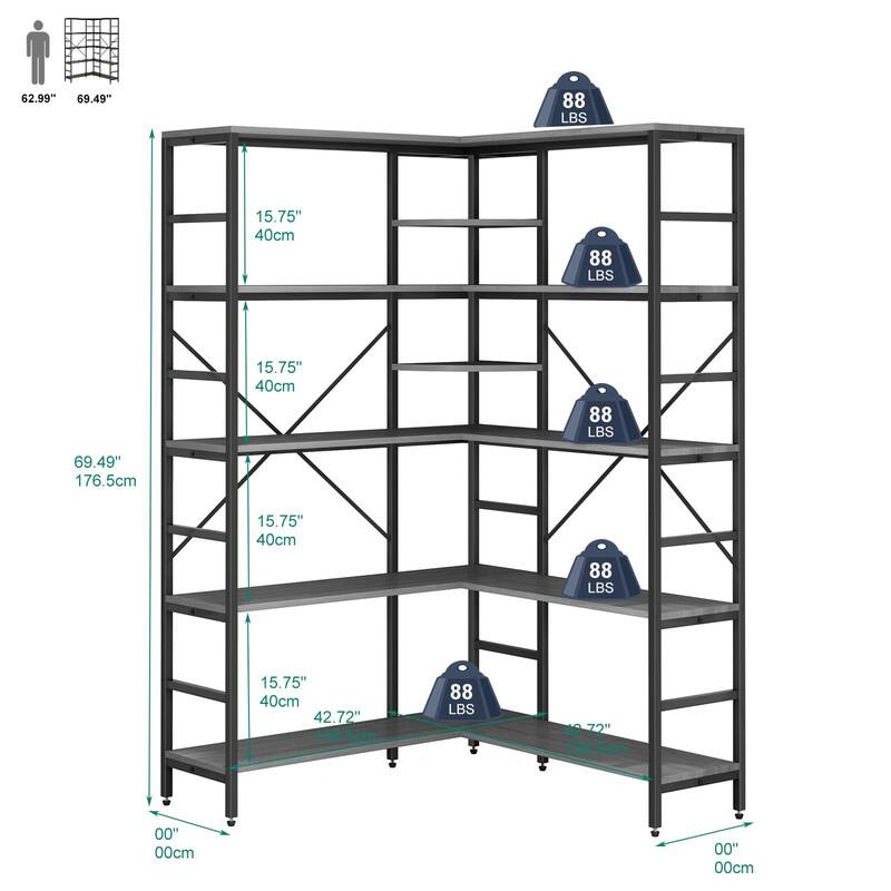 GARVEE - 4-Tier L-Shaped Industrial Bookshelf,Heavy Duty Corner Bookcase with Open Shelves and Curved Panels for Living Room - Gray