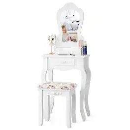 Costway - Vanity Jewelry Makeup Dressing Table Stool Drawer - White