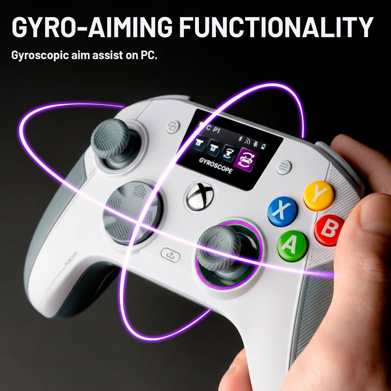 GYRO-AIMING FUNCTIONALITY  
Gyroscope aim assist on PC.  

nacon C P1 & Cr. T C GYROSCOPE Y X B A